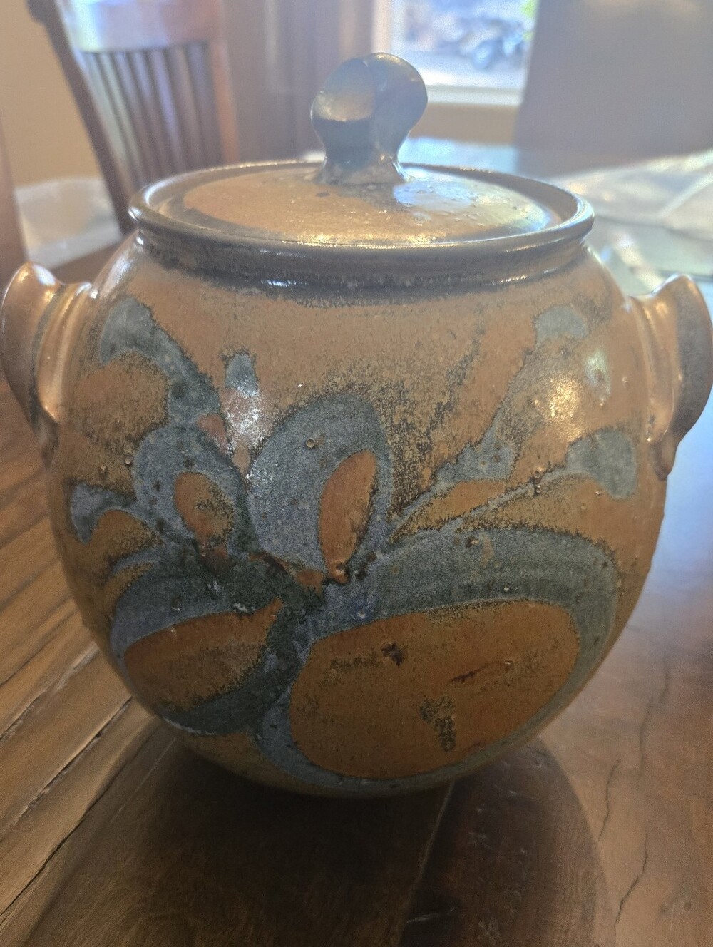 Handmade Studio Pottery Lidded Stoneware Jar In Tan And Grey-blue